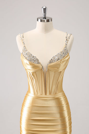 Golden Spaghetti Straps Bodycon Graduation Dress with Sequins