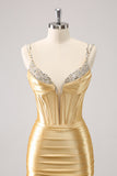 Golden Spaghetti Straps Bodycon Graduation Dress with Sequins