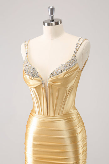 Golden Spaghetti Straps Bodycon Graduation Dress with Sequins