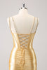 Load image into Gallery viewer, Golden Spaghetti Straps Bodycon Graduation Dress with Sequins