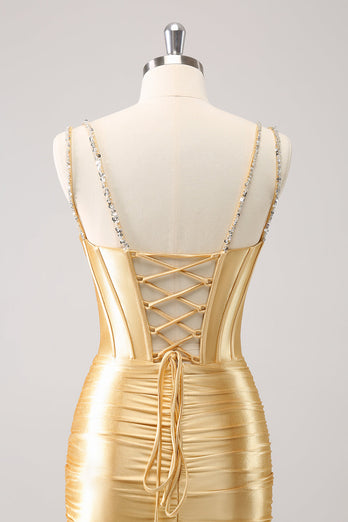 Golden Spaghetti Straps Bodycon Graduation Dress with Sequins