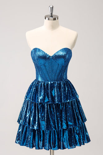 Peacock Blue A Line Strapless Corset Tiered Short Graduation Dress