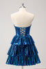 Load image into Gallery viewer, Peacock Blue A Line Strapless Corset Tiered Short Graduation Dress