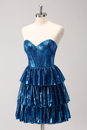 Peacock Blue A Line Strapless Corset Tiered Short Graduation Dress