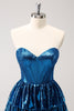 Load image into Gallery viewer, Peacock Blue A Line Strapless Corset Tiered Short Graduation Dress