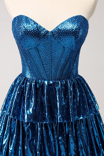 Peacock Blue A Line Strapless Corset Tiered Short Graduation Dress