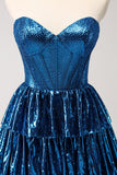 Peacock Blue A Line Strapless Corset Tiered Short Graduation Dress