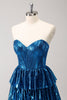 Load image into Gallery viewer, Peacock Blue A Line Strapless Corset Tiered Short Graduation Dress