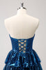 Load image into Gallery viewer, Peacock Blue A Line Strapless Corset Tiered Short Graduation Dress