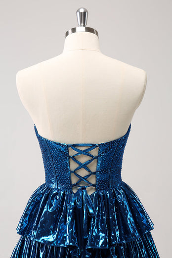 Peacock Blue A Line Strapless Corset Tiered Short Graduation Dress