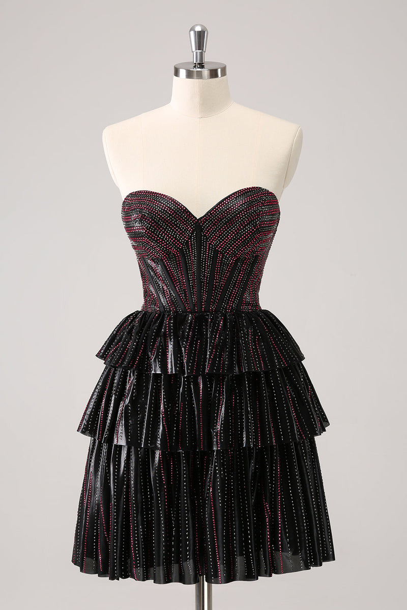 Load image into Gallery viewer, Sparkly Black Pink Sweetheart Tiered Graduation Dress with Beading