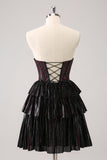 Sparkly Black Pink Sweetheart Tiered Graduation Dress with Beading