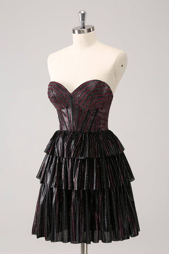 Sparkly Black Pink Sweetheart Tiered Graduation Dress with Beading