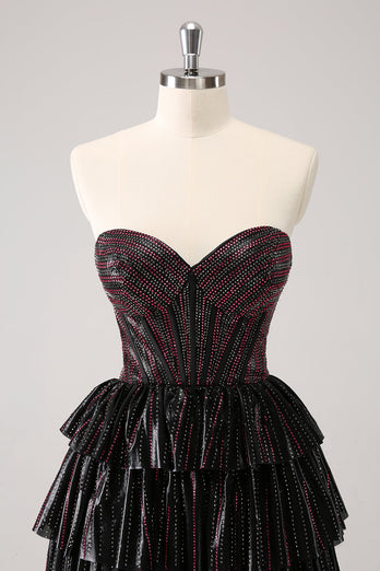 Sparkly Black Pink Sweetheart Tiered Graduation Dress with Beading