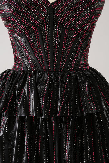 Sparkly Black Pink Sweetheart Tiered Graduation Dress with Beading