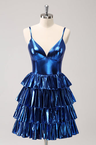 Ink Blue Spaghetti Straps A Line Tiered Short Graduation Dress