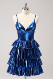Ink Blue Spaghetti Straps A Line Tiered Short Graduation Dress