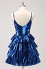 Load image into Gallery viewer, Ink Blue Spaghetti Straps A Line Tiered Short Graduation Dress