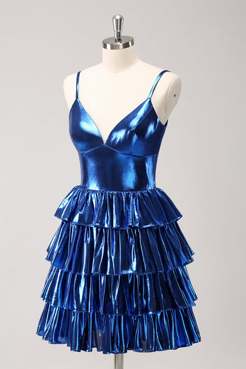 Ink Blue Spaghetti Straps A Line Tiered Short Graduation Dress