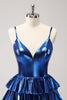 Load image into Gallery viewer, Ink Blue Spaghetti Straps A Line Tiered Short Graduation Dress