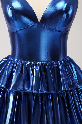 Ink Blue Spaghetti Straps A Line Tiered Short Graduation Dress