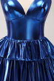 Ink Blue Spaghetti Straps A Line Tiered Short Graduation Dress