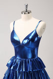 Ink Blue Spaghetti Straps A Line Tiered Short Graduation Dress