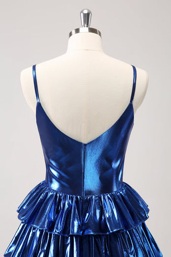 Ink Blue Spaghetti Straps A Line Tiered Short Graduation Dress