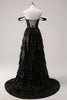 Load image into Gallery viewer, Sparkly Black Silver A Line Off The Shoulder Corset Tiered Prom Dress with Beading