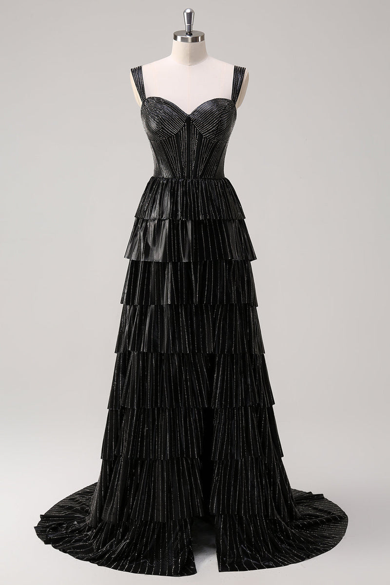 Load image into Gallery viewer, Sparkly Black Silver A Line Off The Shoulder Corset Tiered Prom Dress with Beading