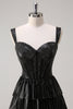 Load image into Gallery viewer, Sparkly Black Silver A Line Off The Shoulder Corset Tiered Prom Dress with Beading