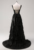 Load image into Gallery viewer, Sparkly Black Silver A Line Off The Shoulder Corset Tiered Prom Dress with Beading