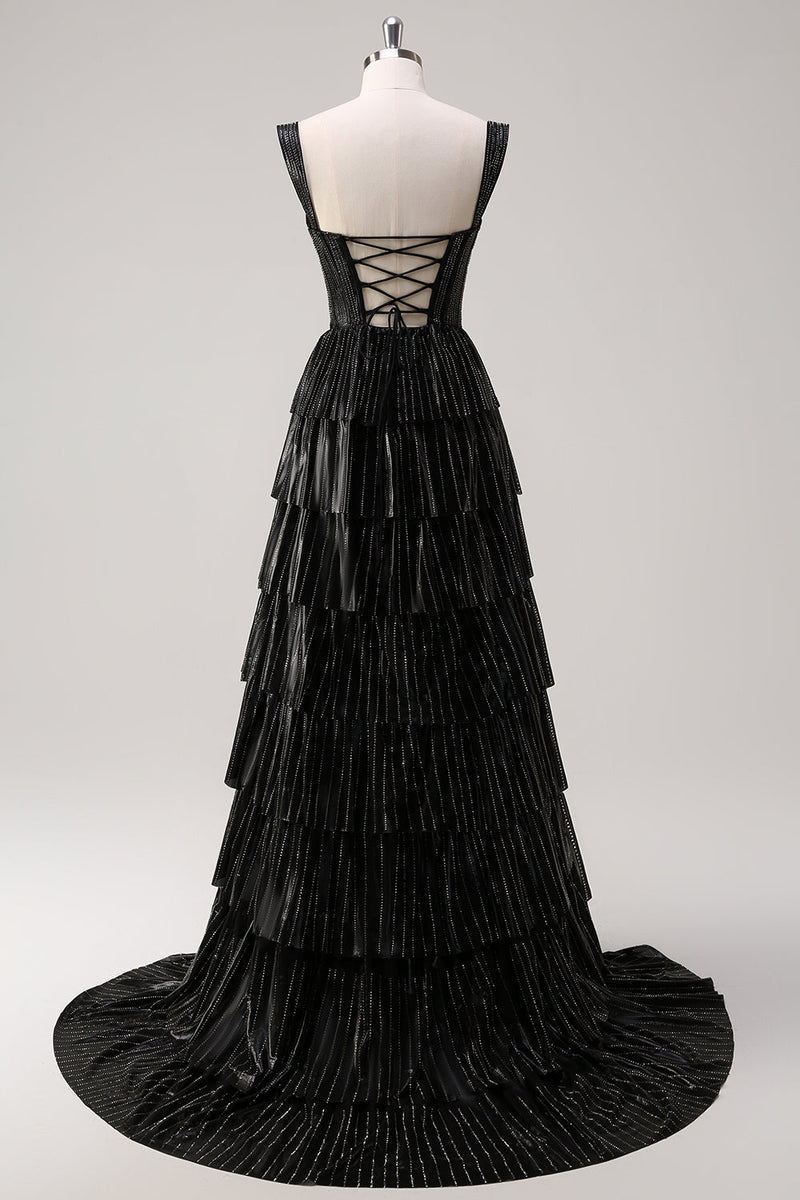 Load image into Gallery viewer, Sparkly Black Silver A Line Off The Shoulder Corset Tiered Prom Dress with Beading