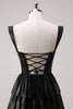 Load image into Gallery viewer, Sparkly Black Silver A Line Off The Shoulder Corset Tiered Prom Dress with Beading