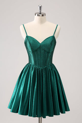 Dark Green A-Line Spaghetti Straps Corset Pleated Graduation Dress