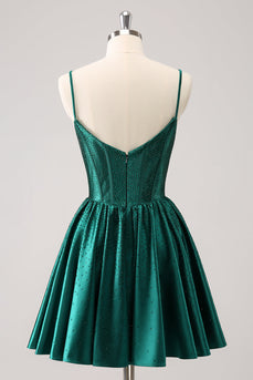 Dark Green A-Line Spaghetti Straps Corset Pleated Graduation Dress