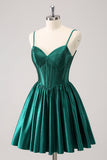 Dark Green A-Line Spaghetti Straps Corset Pleated Graduation Dress