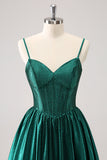 Dark Green A-Line Spaghetti Straps Corset Pleated Graduation Dress