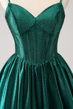 Dark Green A-Line Spaghetti Straps Corset Pleated Graduation Dress