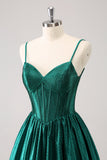 Dark Green A-Line Spaghetti Straps Corset Pleated Graduation Dress