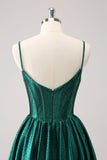 Dark Green A-Line Spaghetti Straps Corset Pleated Graduation Dress