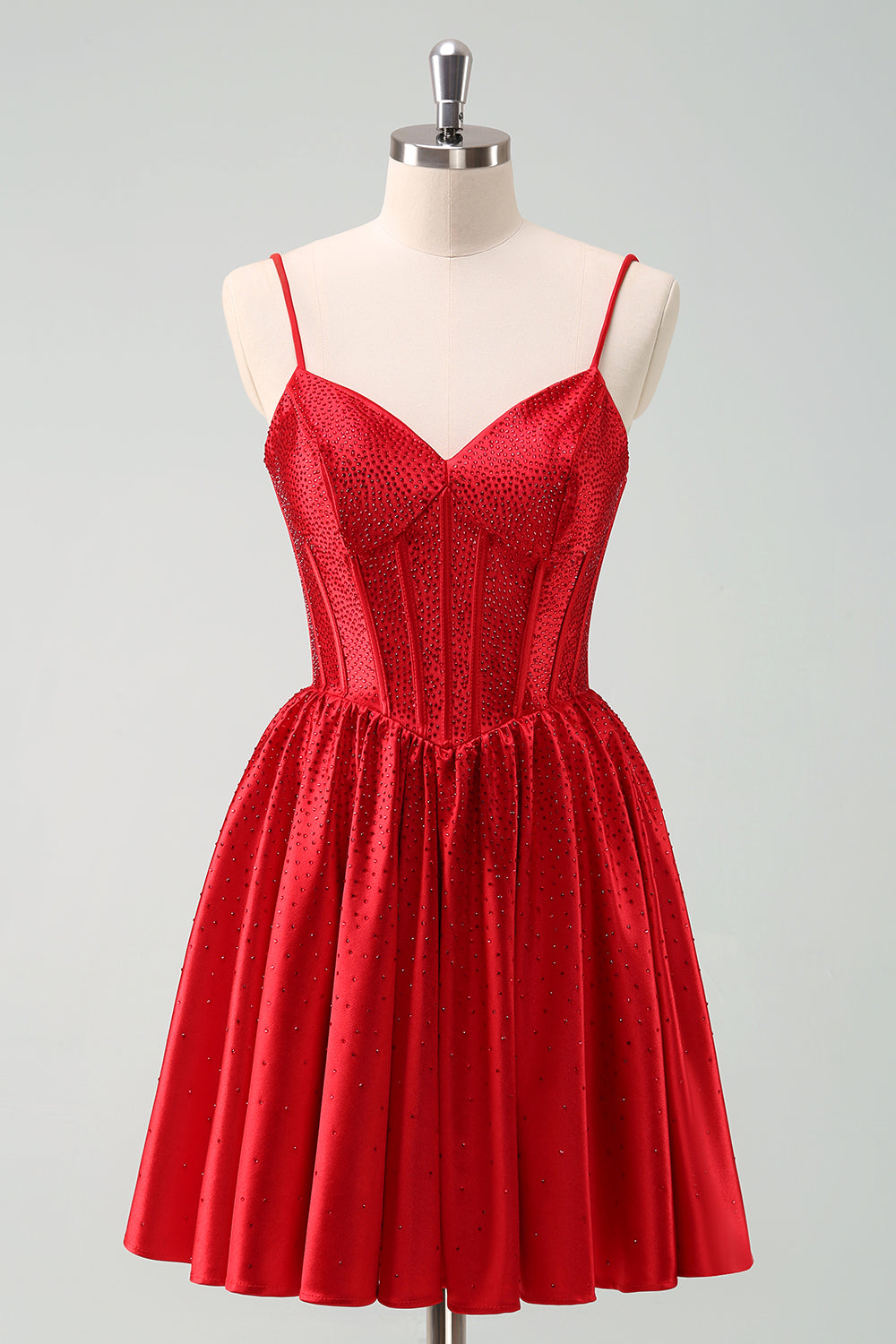 Red A-Line Spaghetti Straps Corset Pleated Graduation Dress