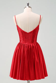 Red A-Line Spaghetti Straps Corset Pleated Graduation Dress