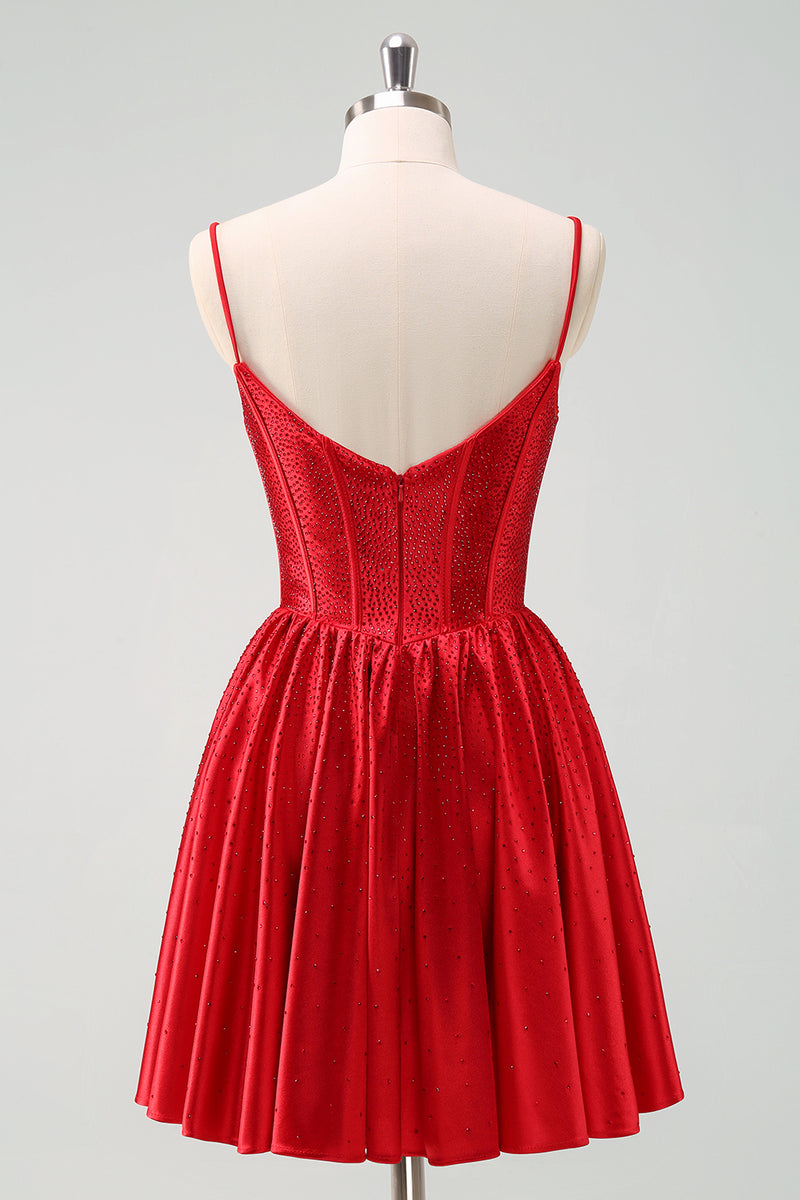 Load image into Gallery viewer, Red A-Line Spaghetti Straps Corset Pleated Graduation Dress