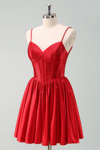 Red A-Line Spaghetti Straps Corset Pleated Graduation Dress