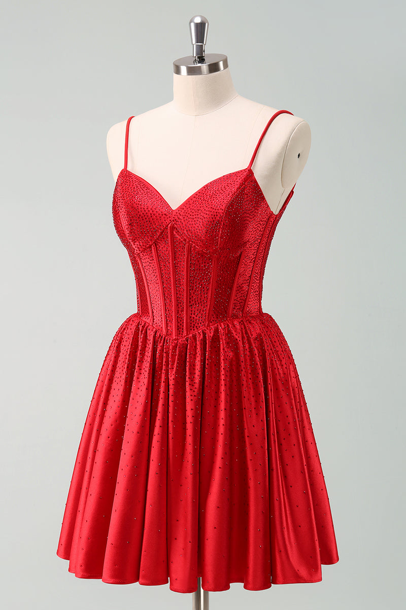 Load image into Gallery viewer, Red A-Line Spaghetti Straps Corset Pleated Graduation Dress