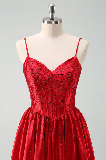 Red A-Line Spaghetti Straps Corset Pleated Graduation Dress