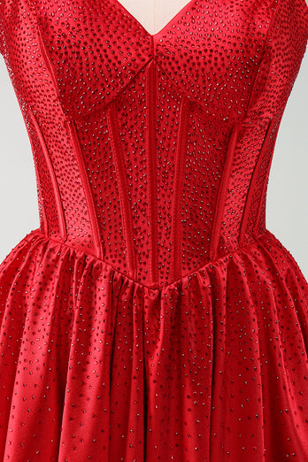 Red A-Line Spaghetti Straps Corset Pleated Graduation Dress