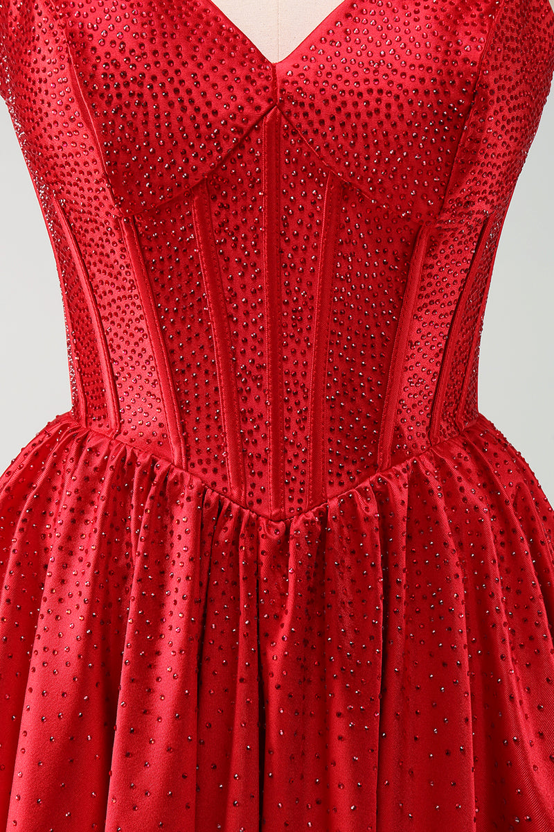 Load image into Gallery viewer, Red A-Line Spaghetti Straps Corset Pleated Graduation Dress