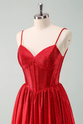 Red A-Line Spaghetti Straps Corset Pleated Graduation Dress